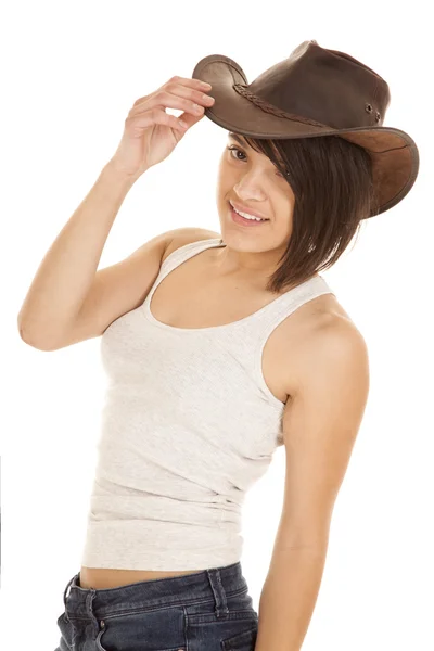 Vrouw veedrijfster hoed greep — Stockfoto