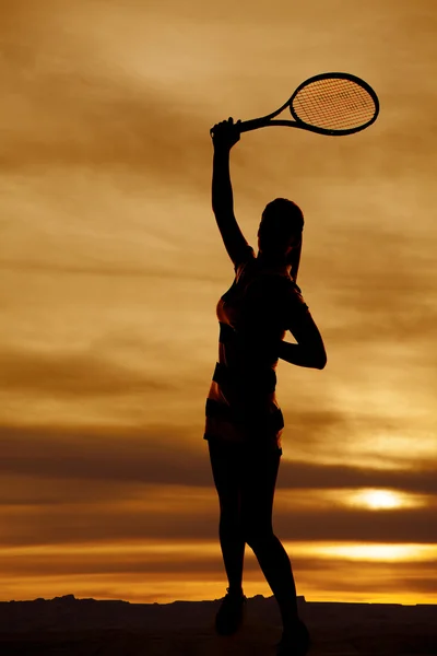 Silueta mujer tenis raqueta swing —  Fotos de Stock