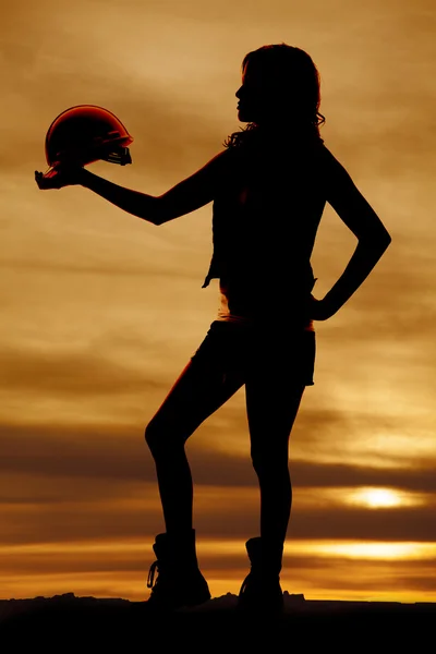 Silhouette of woman construction sunset hold hat — Stock Photo, Image