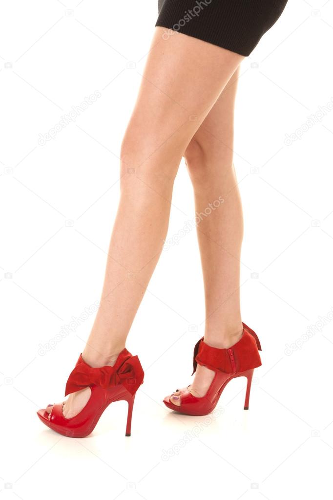 red high heels legs black skirt