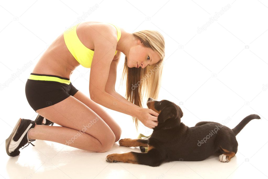 woman workout clothes with dog