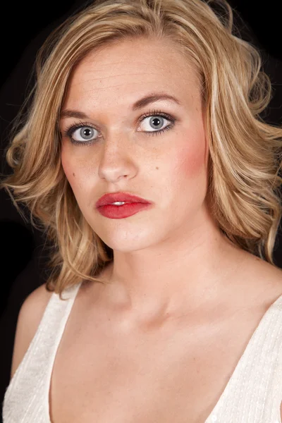 Woman head red lipstick serious — Stock Photo, Image