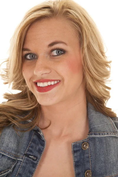 Woman red lips denim jacket smile — Stock Photo, Image