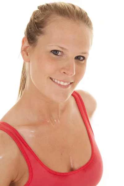 Kvinna fitness röd sport-bh svettas huvud — Stockfoto