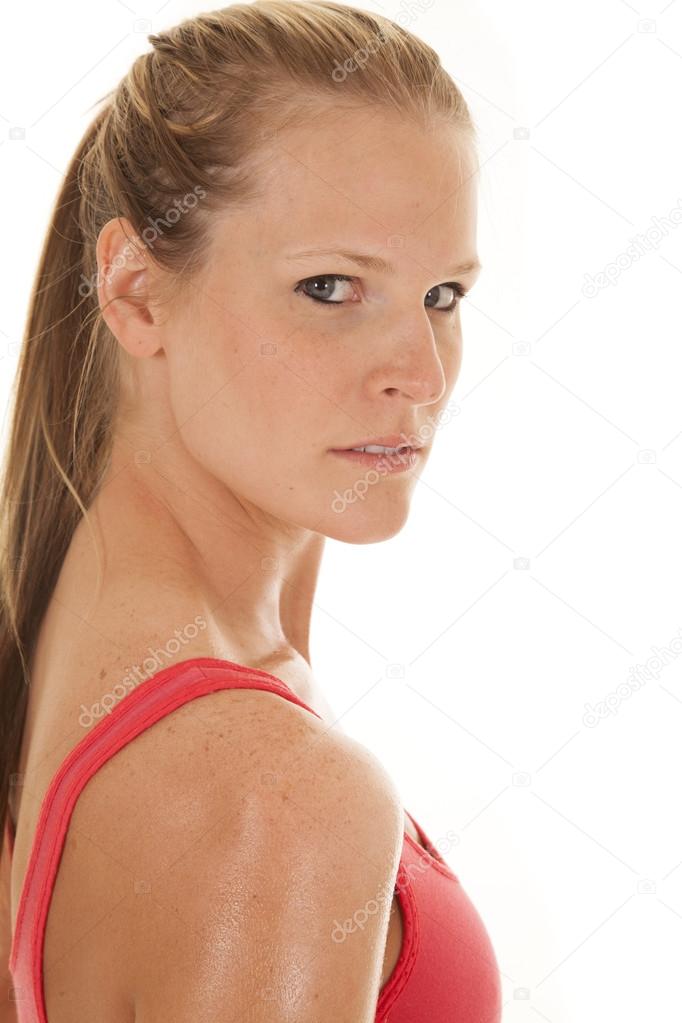 woman fitness red sports bra sweat look back