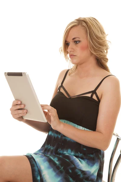 Woman blue dress and black tablet — Stock Photo, Image