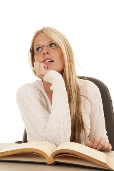 Woman white top books thinking — Stock Photo, Image