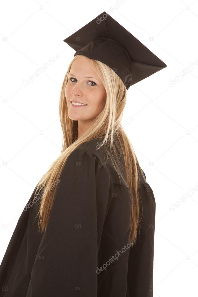 woman graduate look back smile