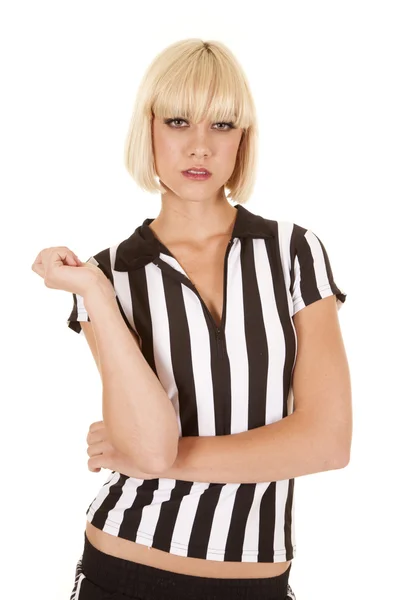 Referee woman serious one arm up — Stock Photo, Image