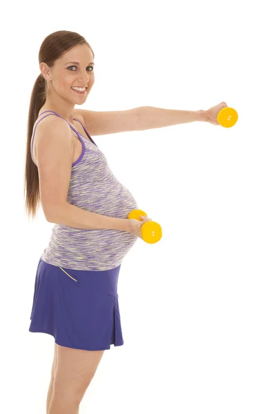 Fitness pregnant yellow weights one out — Stock Photo, Image