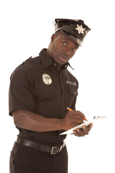 Policeman writing ticket serious