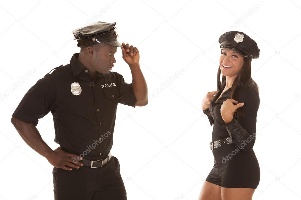 Man and woman cop him look at her