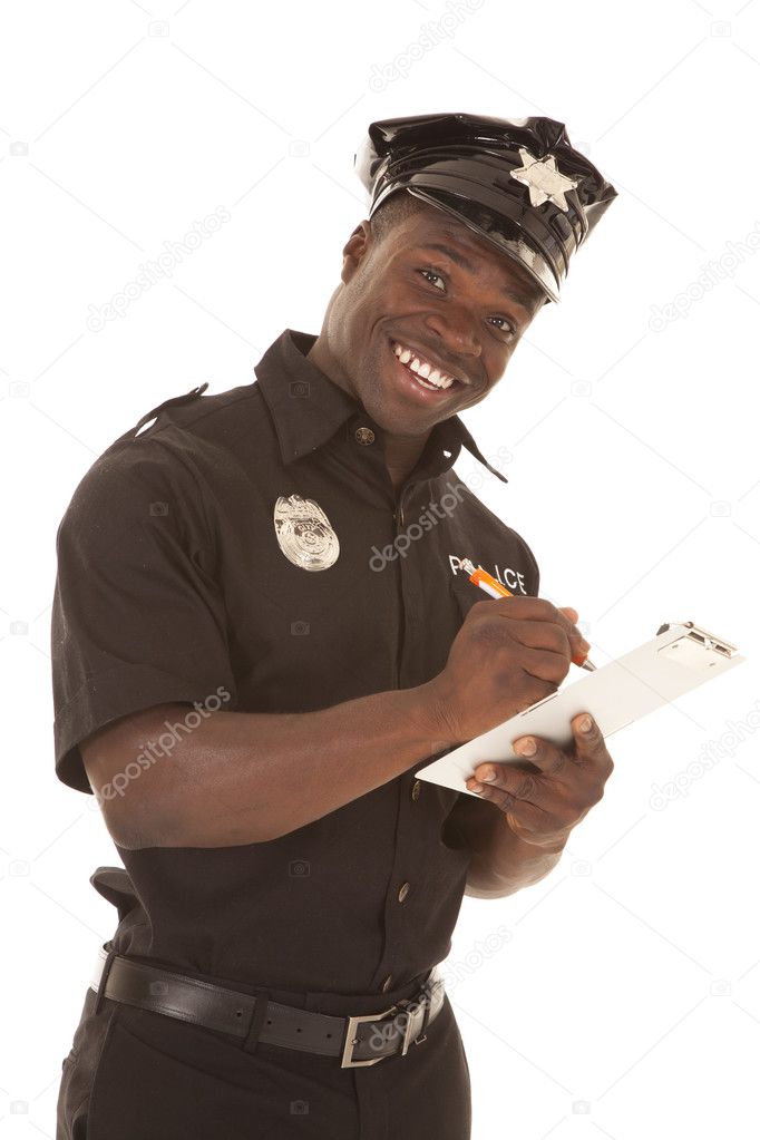 Policeman writing ticket happy