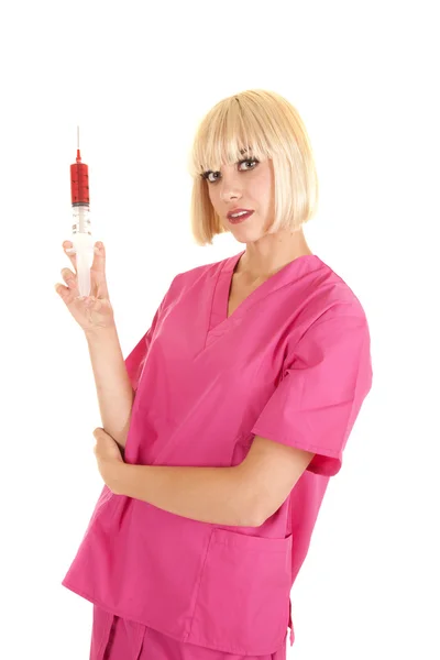 Sjuksköterska med höjdare nål leende — Stockfoto