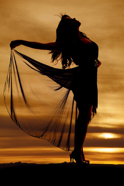 A silhouette of a woman holding on to her flowing skirt