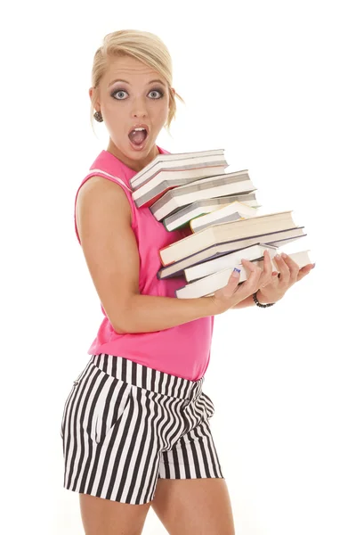 Mujer en rosa y negro rayas libros shock —  Fotos de Stock