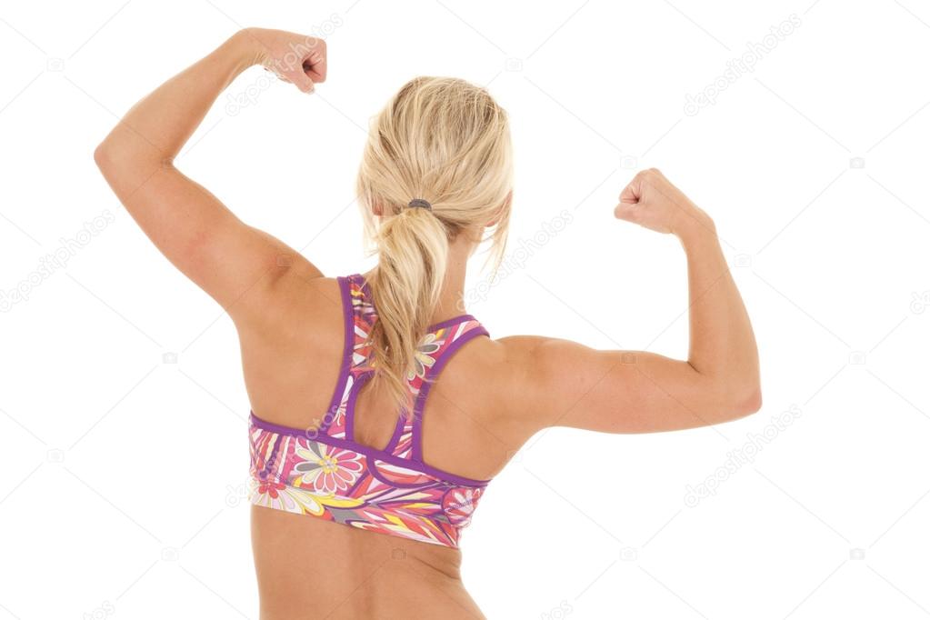 colored sports bra blond woman back muscles