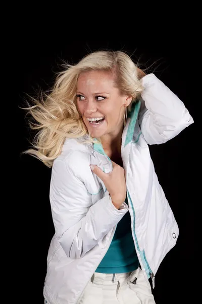 Woman white coat look back — Stock Photo, Image