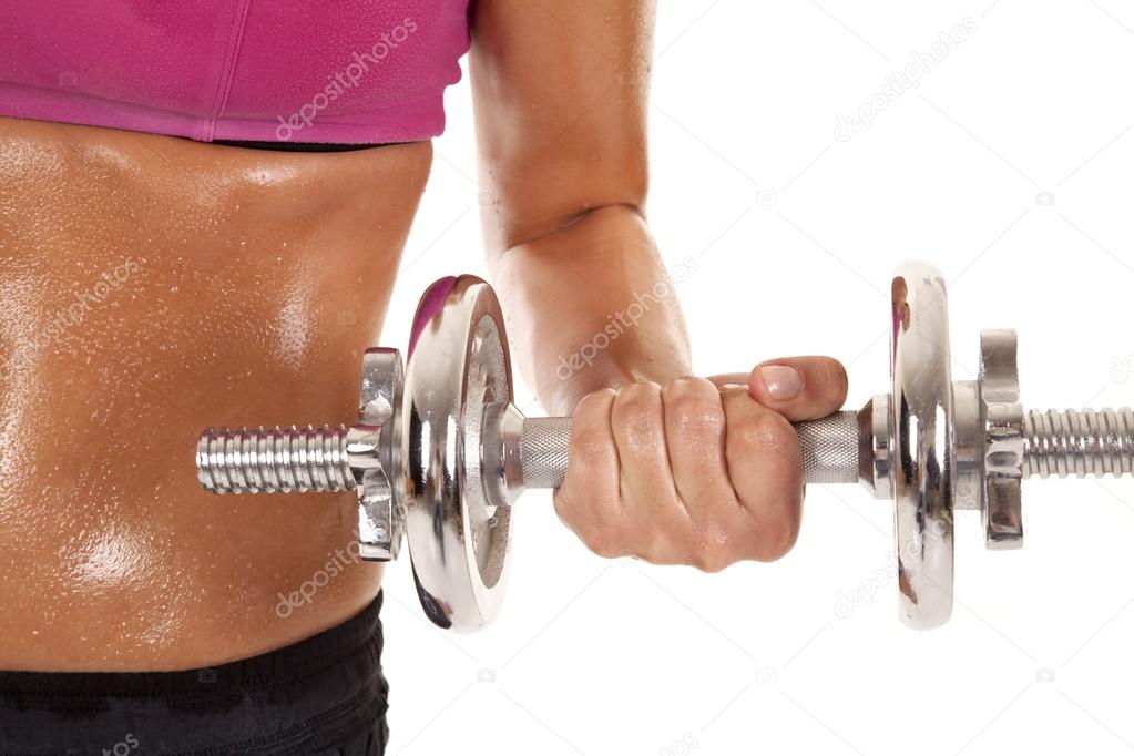 Woman weights sweaty stomach