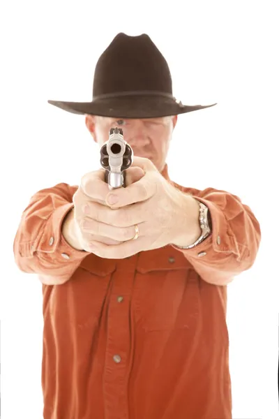 Cowboy point pistol focus on gun — Stock Photo, Image