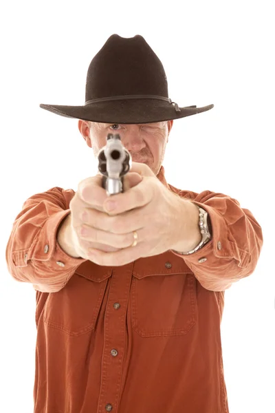 Cowboy point pistol focus on eye — Stock Photo, Image