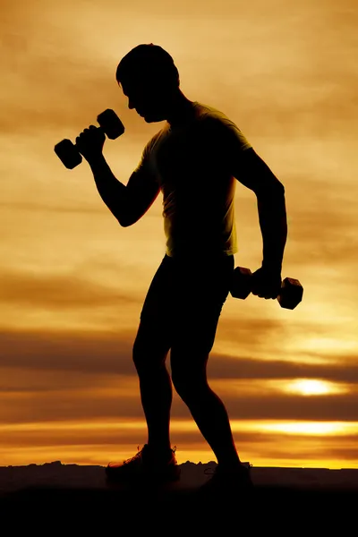 Hombre pesos silueta entrenamiento —  Fotos de Stock