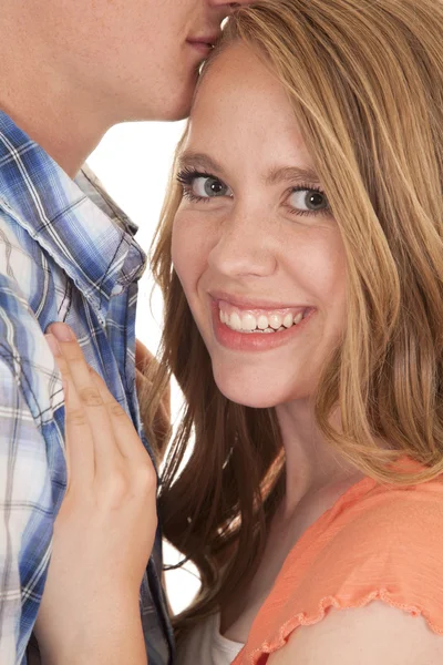 Girl and guy close she smiling — Stock Photo, Image