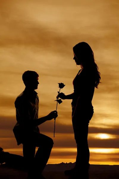 Silhouette of man on knee hand woman rose — Stock Photo, Image