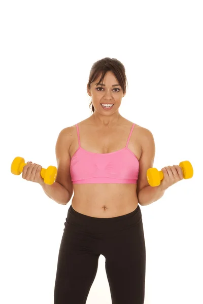 Fitness woman pink sports bra weights curl — Stock Photo, Image