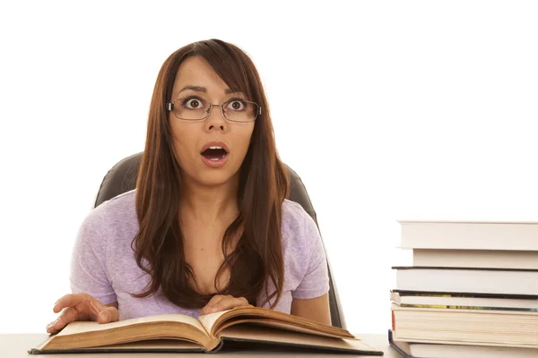 Kvinna lila skjorta studie chockad — Stockfoto