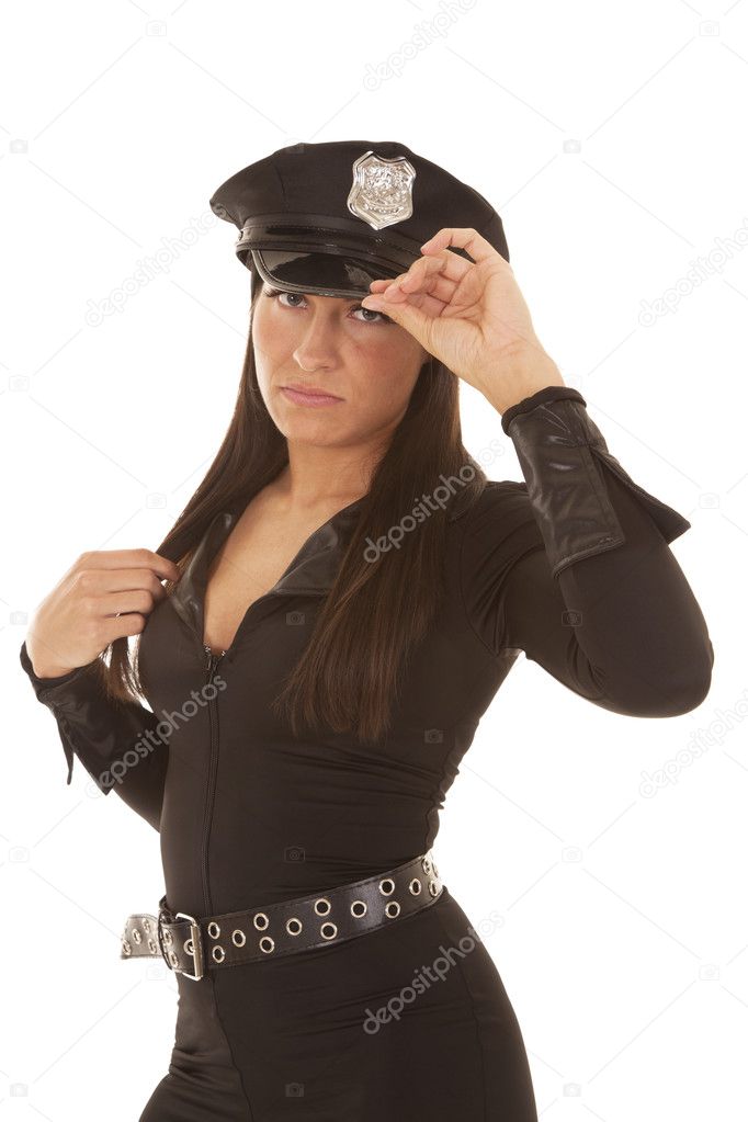 Woman cop hand on collar and hat