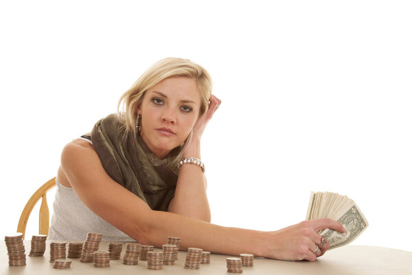 Женщина с пачками монет и купюрами
