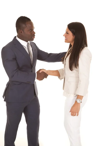 Business man and woman shake — Stock Photo, Image