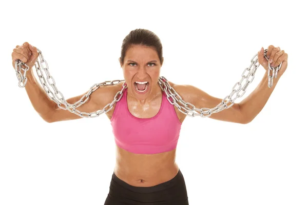 Woman pink sports bra chain scream — Stock Photo, Image