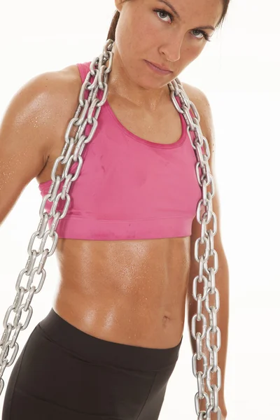 Woman pink sports bra chain close — Stock Photo, Image