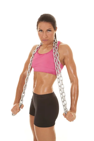 Woman pink sports bra chain serious — Stock Photo, Image