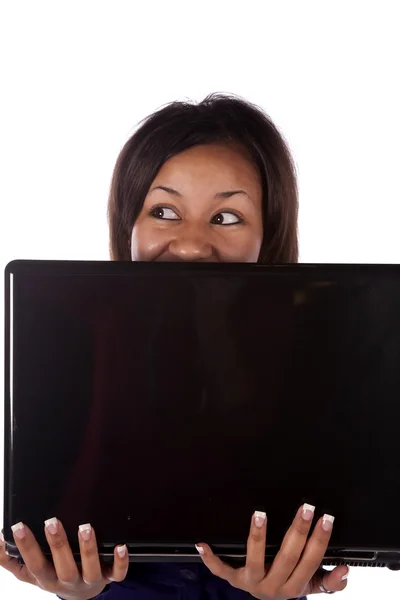 Woman holding computer — Stock Photo, Image