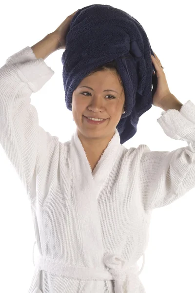 Woman in bath robe — Stock Photo, Image