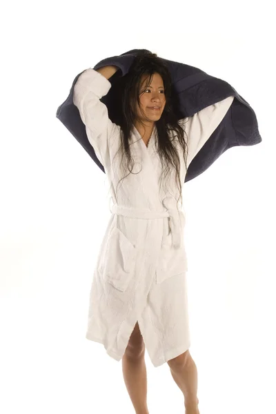 Woman in bath robe — Stock Photo, Image
