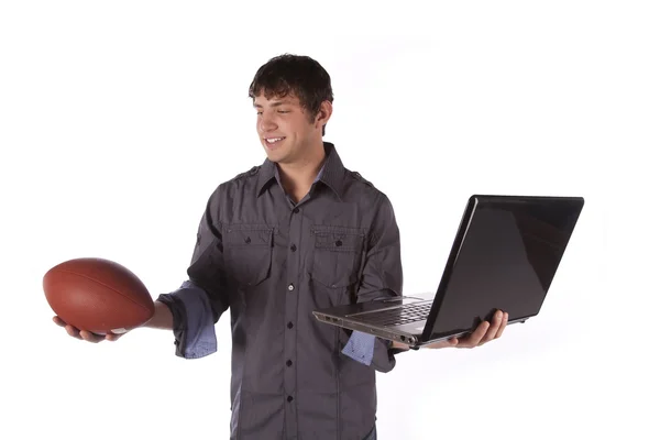 Man decide between play football or work. — Stock Photo, Image