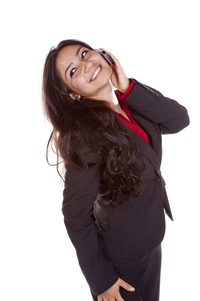 Mujer de negocios en la cabeza del teléfono de nuevo sonriendo —  Fotos de Stock