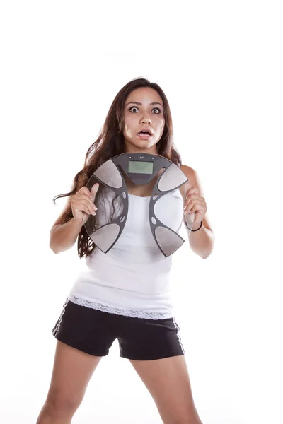 Woman shocked holding scales — Stock Photo, Image