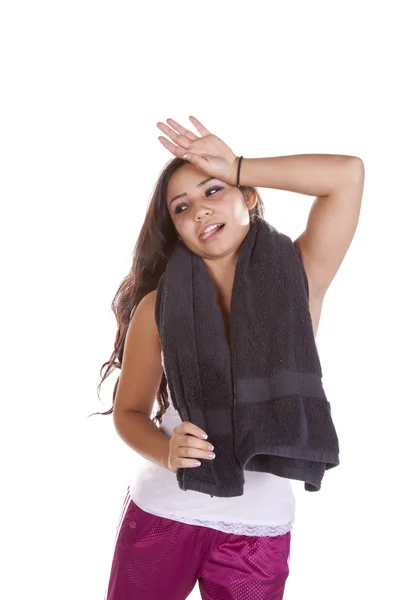 Woman tired with towel — Stock Photo, Image