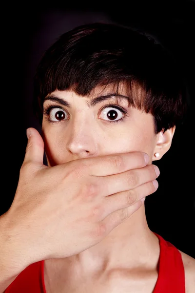 Big eyes with hand over mouth — Stock Photo, Image