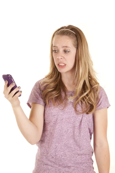 Girl purple phone frustrated — Stock Photo, Image