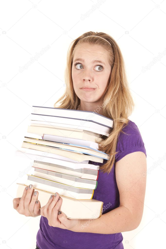 girl stack of books look side