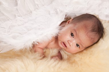 Bebek Beyaz Melek kanatları ile kürk halı döşeme