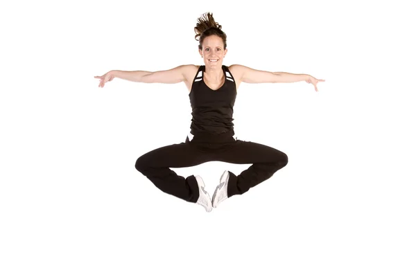 Woman showing her happiness by jumping up in the air. — Stock Photo, Image