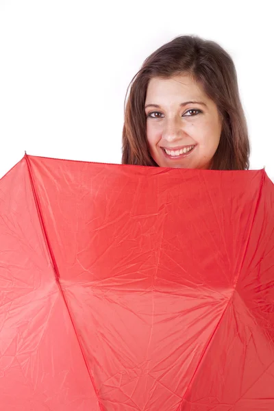 Woman Peaking Over Umbrella Smiling — Stock Photo, Image