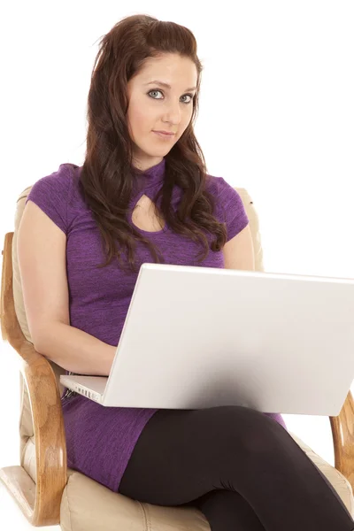 Woman serious with laptop purple shirt — Stock Photo, Image